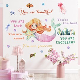 WAFT YEARN Vinyl Removable Lovely Mermaids Jellyfish Underwater Ocean Animal Wall Decal Wall Sticker Decor for Nursery School Classroom Bedroom Bathroom Girls Room Playroom 23.62 in by 38.19 in