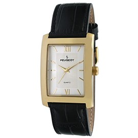Peugeot Men's Rectangular Textured Roman Numeral Dial Classic Dress Wrist Watch with Leather Strap Band