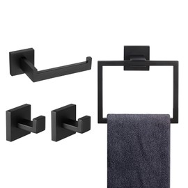KOKOSIRI 4-Piece Bath Accessories Set Bathroom Hardware Set, Towel Ring, Toilet Paper Holder, Towel Hook x 2, Stainless Steel, Wall Mounted, Matte Black,B09S4-BK