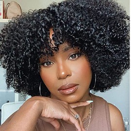 Young beauty Afro Kinky Curly Wig with bangs Glueless Scalp Top Full Machine Made Human Hair Wigs for Black Women 200Density Kinky Curly Brazilian Human Hair Wig 16inch Natural Color