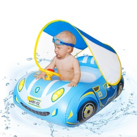 Baby Swimming Float with Canopy Ninonly Car Baby Floats for Swimming 1-2 Years with Removable Sun Protection Canopy Toddler Baby Swimming Pool Floats for Age of 1-4 for Kids Blue