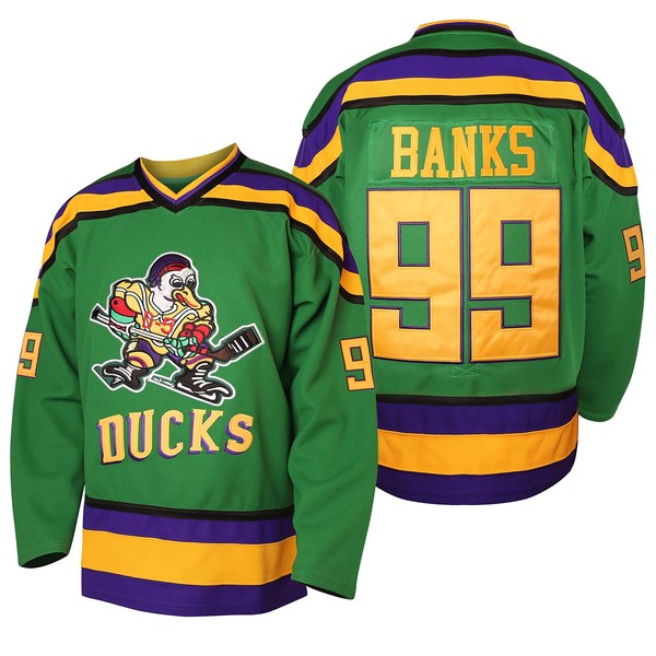 Hombres Mighty Ducks 33 Greg Goldberg 96 Charlie Conway 99 Adam Banks Camisetas de hockey sobre hielo cosidas, color verde, 99 Verde, XX-Large