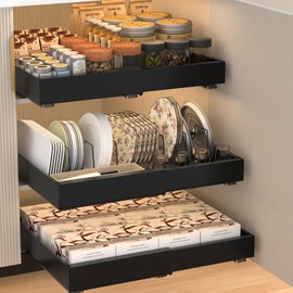 2 Pack Pull Out Cabinet Organizer, Expandable Sliding Drawers for Cabinets (12.6"-20.5"), with 6 Adjustable Partitions, Heavy Duty Slide Out Drawers for Kitchen Cabinets, Living Room, Pantry, Black