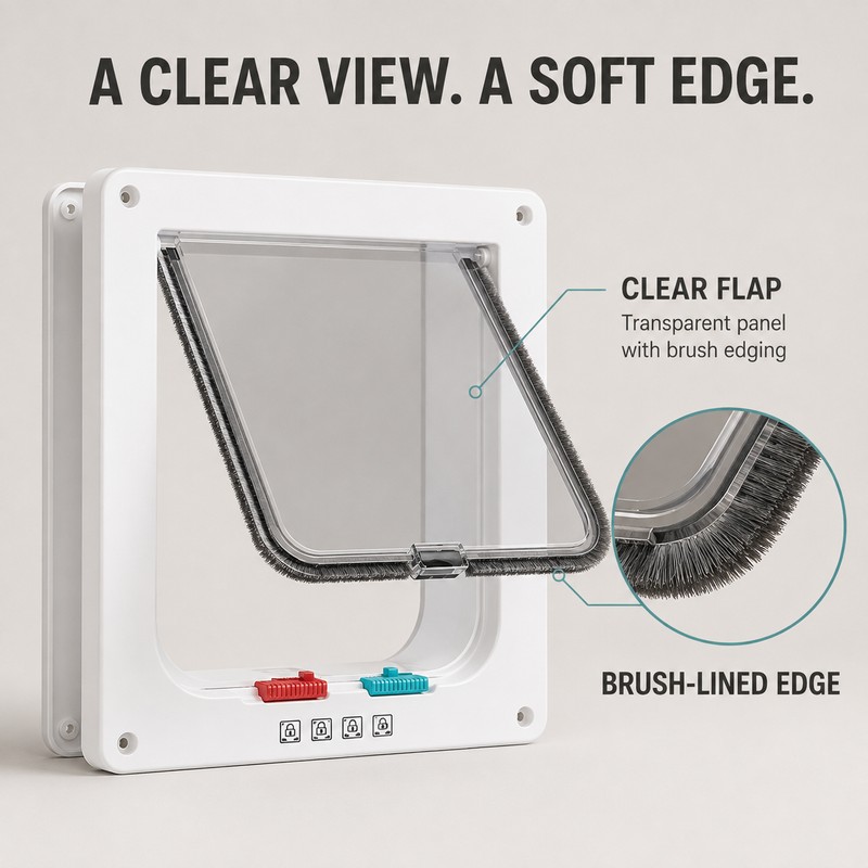 Cat Door with Clear Swing Flap & Brush Seal, 4-Way