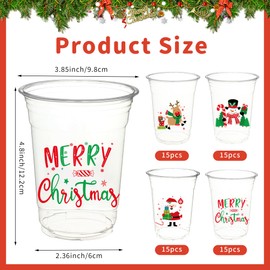 peony man 60 PCS Christmas Plastic Cups 16 OZ Merry Christmas Clear Cup Disposable Christmas Snowman Santa Claus Clear Drinking Cups Bulk for Beverage Coffee Xmas Winter Party Supplies