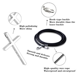 Hactnion Leather Cross Necklace for Men, Silver Large Cross Pendant with Bible Verse, 26'' Black Leather Rope, 316 Stainless Steel Cross Chain