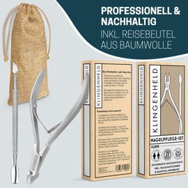 KLINGENHELD® Precise Cuticle Nippers with 1 Cuticle Pusher - Very Smooth & Extra Sharp - Includes Travel Case Made of Cotton 100% Plastic-Free & Sustainable - Cuticle Scissors, Cuticle Cutter