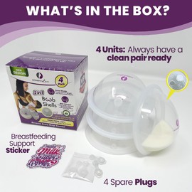 Mommyz Love Breast Shells & Milk Catcher for Breastfeeding New Model with Plugs - Breast Milk Catcher to Relieve Cracked Sore & Engorged Nipples - Breast Shells Milk Collector for Leaking Milk 4 Pack