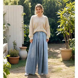 UQJE Women's Wide Leg Baggy Jeans Plus Size Loose Elastic Waist Denim Pants with Deep Pockets Light Blue