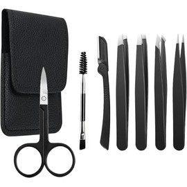 AURALUX Kit para Cejas 7 Piezas con Pinzas de Precisión, Tijeras y Estuche 4 tipos de punta, Acero inoxidable, Cuchilla, tijeras y cepillo, Agarre antideslizante, Para cejas y vello facial