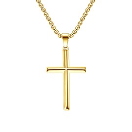 Veylenix Gold Cross Necklace Beveled Edge for Men Women Stainless Steel Polished Cross Pendant Necklace for Boys with 60cm Chain Jewelry in Box