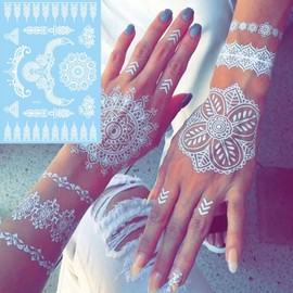 6 Sheets Henna Tattoos Temporary Stickers White Flower Geometric Waterproof Henna Tattoos for Women Indian Diwali Supplies Wedding Party Festivals Decoration
