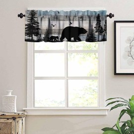 JanJCurt Rustic Bear Valance, Retro Woodland Wild Animals Farmhouse Country Wooden Board Pine Forest Bear Bird Print Rod Pocket Short Window Treatment for Kitchen Bedroom Bathroom, 54x18inch