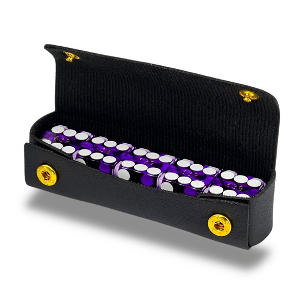 Luck Lab Grade AAA 19mm Casino Dice with Razor Edges and Matching Serial Numbers Set of 5 and Leather Dice Case (Purple)