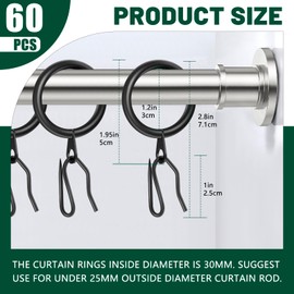 60Pcs Metal Curtain Rings and 60 Pcs Curtain Drapery Pin Hooks,Black Curtain Hooks for Drapes,30mm Internal Diameter for Window, Shower Curtain
