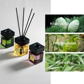 Aeeteek Reed Diffuser Set of 3, 50ml White Birch Cedar & Oud Bergamot & Green Tea Essential Oil with 15 Diffuser Sticks, Long Lasting Fragrance Air Freshener for Home,Office Decor