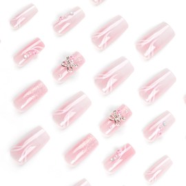 Long French Tip Press on Nails Square Pink 3D Fake Nails Bling Nails Tips Full Cover False Nails Artificial Reusable Nails Acrylic Stick on Nails for Women and Girls 24PCS