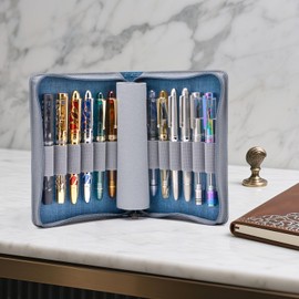 Asvine Pencil Case for 12 Fountain Pens, Blue Organizer Bag - High Quality Waterproof Canvas Pen Holder Single Slot Storage Bag with Zipper