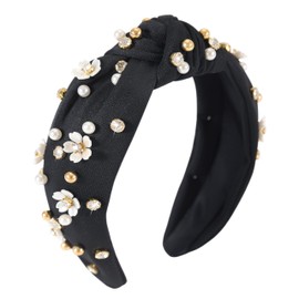Gmmidea Flower Knotted Headbands for Women Sparkly Beaded Crystal Floral Headband Wide Top Knot Fancy Embellished Hairband Fashion Girls Summer Holiday Hair Accessories C-Black