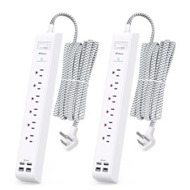 Paquete de 2 Cables de Extensión de 10 pies Regleta de Enchufes - Protector de Sobretensiones con 6 Tomas 4 Puertos de Carga USB, Enchufe Plano, Protección contra Sobrecarga, Montaje en Pared para