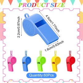 60Pcs Loud Crisp Sound Whistle, Plastic Coach Whistles with Adjustable Lanyard, 5 Colorful Sport Events Whistles, Sturdy Children Referee Whistles, Emergency Training Whistle for Officials Teachers