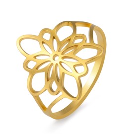 TEAMER Bohemian Flower Of Life Ring Stainless Steel Elegant Filigree Flower Ring Wedding Band Ring Exquisite Jewelry For Women (Gold, 10)