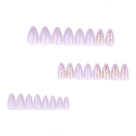 ANDGING Bling Purple Press on Nails Almond Short Medium Fake Nails with Butterfly Designs Glitter Glue on Nails for Wedding Classy Stick on Nails for Women Gel Full Cover Manicure False Nails 24 Pcs