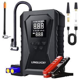 LINGLUCKY Arrancador de Batería de Auto Portátil 3000A y Compresor de Aire 150PSI,Jumper para Carro de 12V(9L Gasolina/6.5L Diésel) con Pantalla LCD,Linterna LED,Luz de Emergencia,12000mAh Power Bank