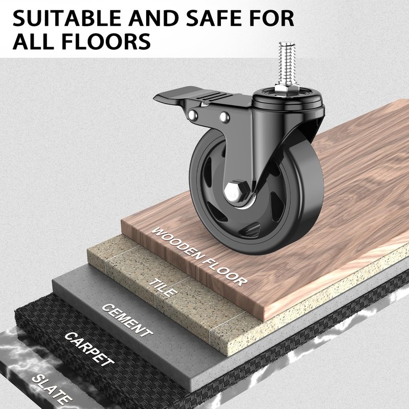 Casters Set of 4,3 inch Threaded Stem Caster Wheels,1/2"-13 x