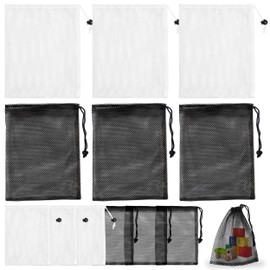12 Pcs Mesh Drawstring Bag, 2 Colors Mesh Bags with Drawstring, Black White Nylon Mesh Bag with Cord Locks Net Bag Drawstring Laundry Bags Draw String Bag Drawstring Mesh Washing Bag