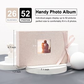 Vienrose Small Photo Album 4x6, Mini Picture Book with Pockets, Clear Pages Holds 52 Photos, Linen Fabric Cover Postcards Photobook Beige 1 Pack