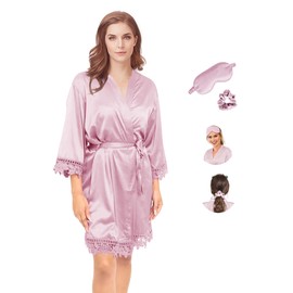 Y WJing Yi Jia Womens Kimono Robes Dressing Gown Bridal Robe Silk Robes Satin Bathrobe Nightdress Short Style Morning Robes Lace Trim Robes Size: Plus Size