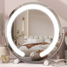 FENNIO 13/18/20Inch Vanity Mirror with Lights, Makeup Mirror for Bedroom, Smart Touch Control, 3Colors Dimmable, 360 Rotation (White) Decor Round glisten  mirror - Color: White