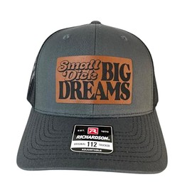 Small Dick Big Dreams Funny Daddy Joke Trucker hat, Laser Engraved Vegan Leather Patch, Richardson 112 hat, (Cotton Blend, Charcoal/Black)