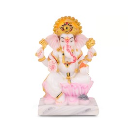 MARBELLA Poly Marble Resin Lotus Ganesh Idol Statue for Hindu Pooja, Indian Puja, Decoration, Indian Gift for Festival and Auspicious Occasion, Elephant God, Kamal Ganpati Idol (White)