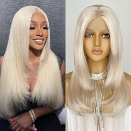 CIMITIKI Layered Wigs Blonde Color 13x4 Lace Front Wig #613 Shoulder Length Synthetic Fiber Heat Resistant Hair Pre Plucked 18Inch Long Wavy for Women