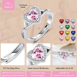 MYBELLNA 925 Sterling Silver Birthstone Rings for Women Love Heart Eternity Band Ring Adjustable Open Heart Ring for Women Girls Her Mother's Day Gift