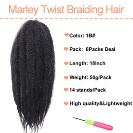 Mscat Marley Twist Braiding Hair 18 Inch Marley Twist Hair Long Twist Hair 8 Packs Afro Kinky Curly Twist Crochet Hair Synthetic Marley Hair Extensions (18 Inch 8packs, 1B)