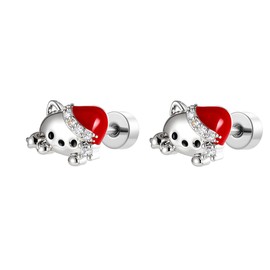 Christmas Cat Cartilage Tiny Small Stud Earrings for Women - Titanium Stainless Steel Cute Crystal CZ Kitten Animal Pet Red Santa Claus Tragus Screw Back Studs Earring Dainty Jewelry for Daughter 20G