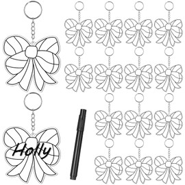 Tondiamo 16 Pcs Acrylic Bow Shaped Volleyball Keychains Bulk with a Marker Pen DIY Name Volleyball Team Lover Gifts Keychain with White Tassels for Sport Lover Gift Reward Birthday Party Favors