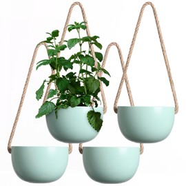 INGOFIN 4 inch Ceramic Hanging Planter, Modern Hanging Plant Pot with Jute Rope, Succulent Bonsai Pots, Green Porcelain Hanging Flower Pots, for Indoor and Outdoor Plants, Set of 4 (Matte Green)