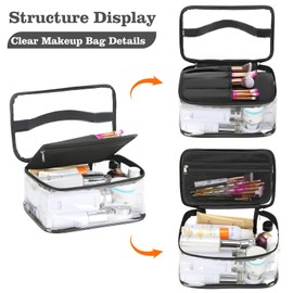 HAOGUAGUA Clear Makeup Cosmetic Bag with Brush Compartment, Portable Waterproof Travel Transparent Toiletry Bags for Traveling Storage Organizer (BLACK)