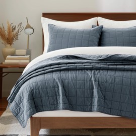 EVERGRACEHOME 100% Cotton Box Stitch Quilt Bedding Set King Size 3 Pieces, Garment-Washed Lightweight Soft Cozy Coverlet, Oversized Quilted Bedspread Sets with 2 Shams for All Season, Midnight Blue