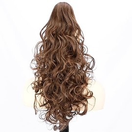 GLEDOLA Ombre Claw Clip In Wavy Loose curly Synthetic Wrap Around Ponytail Extensions Short Pony Tail Clip In Extensions for Women Girl (24 inch—Curly, Copper Brown)