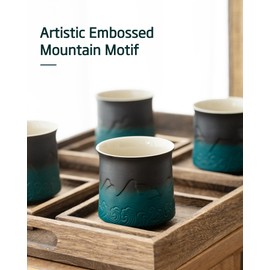 ZENS Japanese Tea Cup Set of 4, Embossed 8 oz Ceramic Japan Tea Cup for Loose Tea or Matcha Tea, Asian Tea Cup No Handles, Chinese Tea Cup, Traditional Occupied Japan Tea Cups, Dark Green