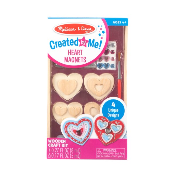 Melissa & Doug Created by Me! Wooden Heart Magnets Craft Kit (4 Designs, 4 Paints, Stickers, Glitter Glue) 8.75 x 5