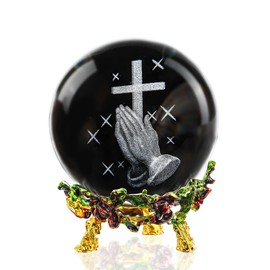 ZEERSHEE 60mm 3D Hand Holding Cross Crystal Ball with Rose Stand Laser Engrave Praying Hands Religious Gifts for Women Christian Glass Paperweight Home Decor