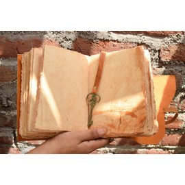 OVERDOSE Deckle Orange with Key Vintage Leather Journal with Burnt Deckle Edge Handmade Journal Sketchbook Orange Size 5 x 7 inches | 12 x 17 cm Organizer - Antique Books