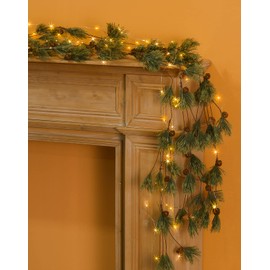 MISSPIN 2 Pack Christmas Garland with Lights, Total 12FT Smokey Pine Garland with Bells for Christmas Decorations, Indoor Outdoor Red Berry Garland with 8 Mode Led String Lights