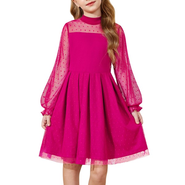 Arshiner Hot Pink Dress for Girls Fall Long Sleeve Formal